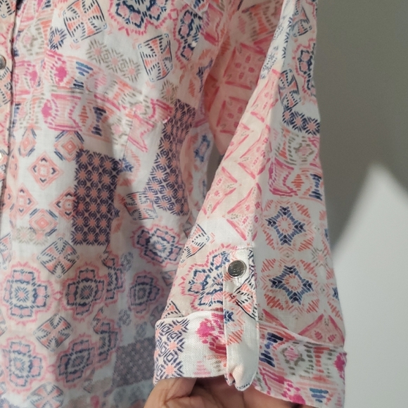 JM Collection 100% Linen Pink and Blue 3/4 Sleeve Button Down Shirt Size 10 - Picture 4 of 12